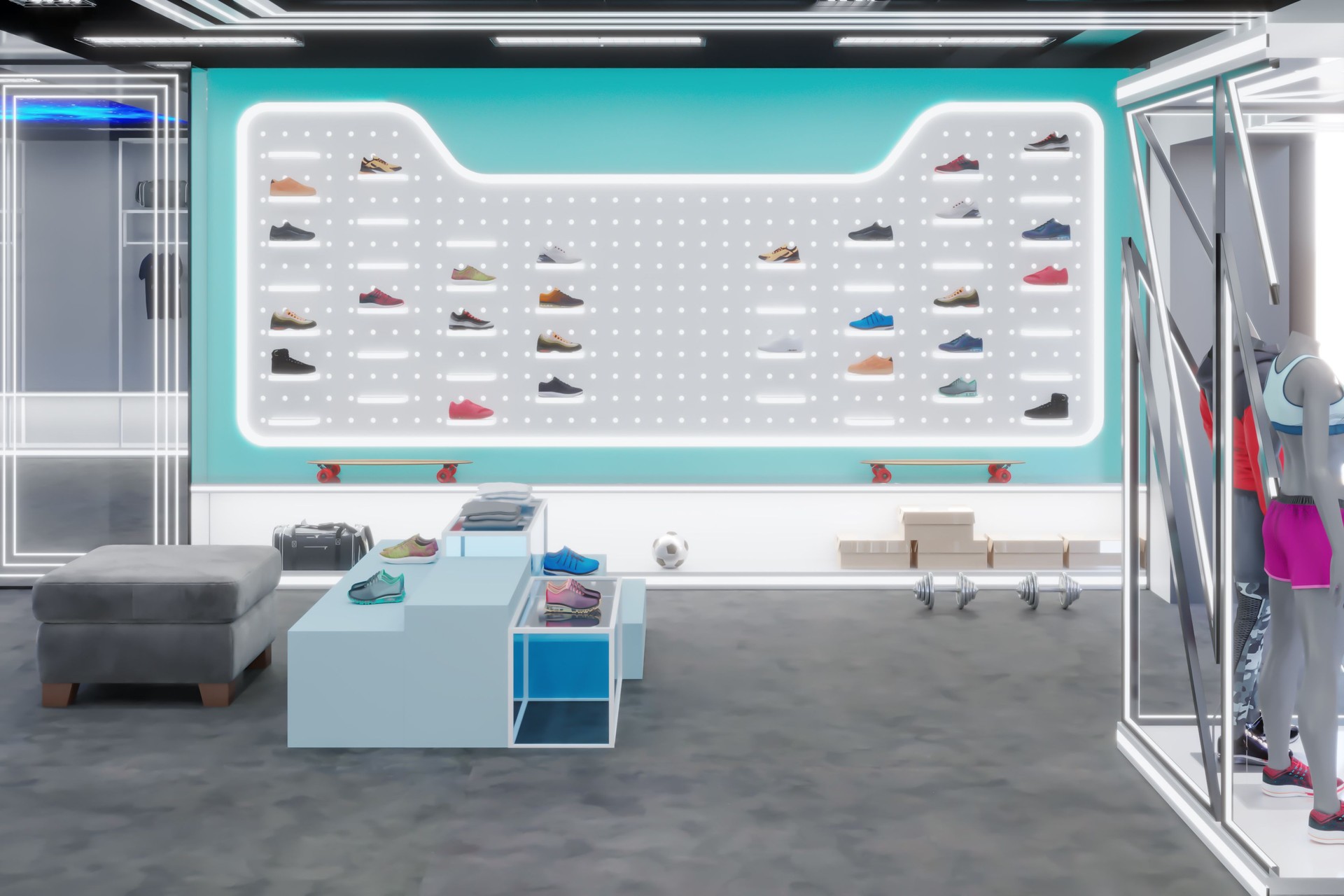 Sports Shop Interior With Sports Balls, Sneakers And Sportswear